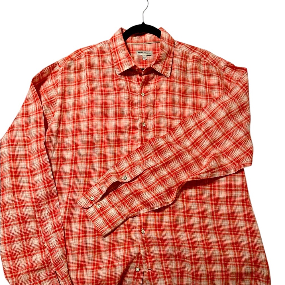 Peter Millar long sleeve button up shirt, XL, red/white